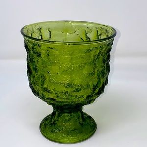 Vtg E.O. BRODY Crinkle Green Glass Pedestal Compote Fruit Bowl/Candy Dish